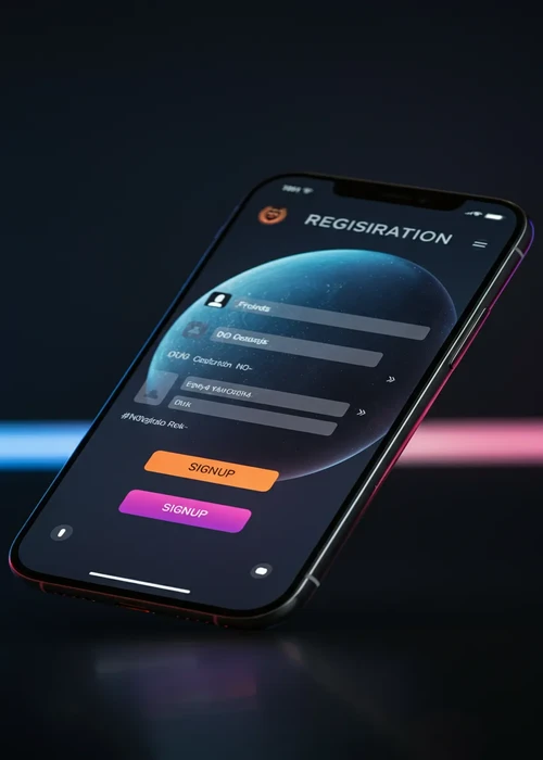User interface showing the easy 5-step registration process, highlighting account creation and bonus selection for new players.